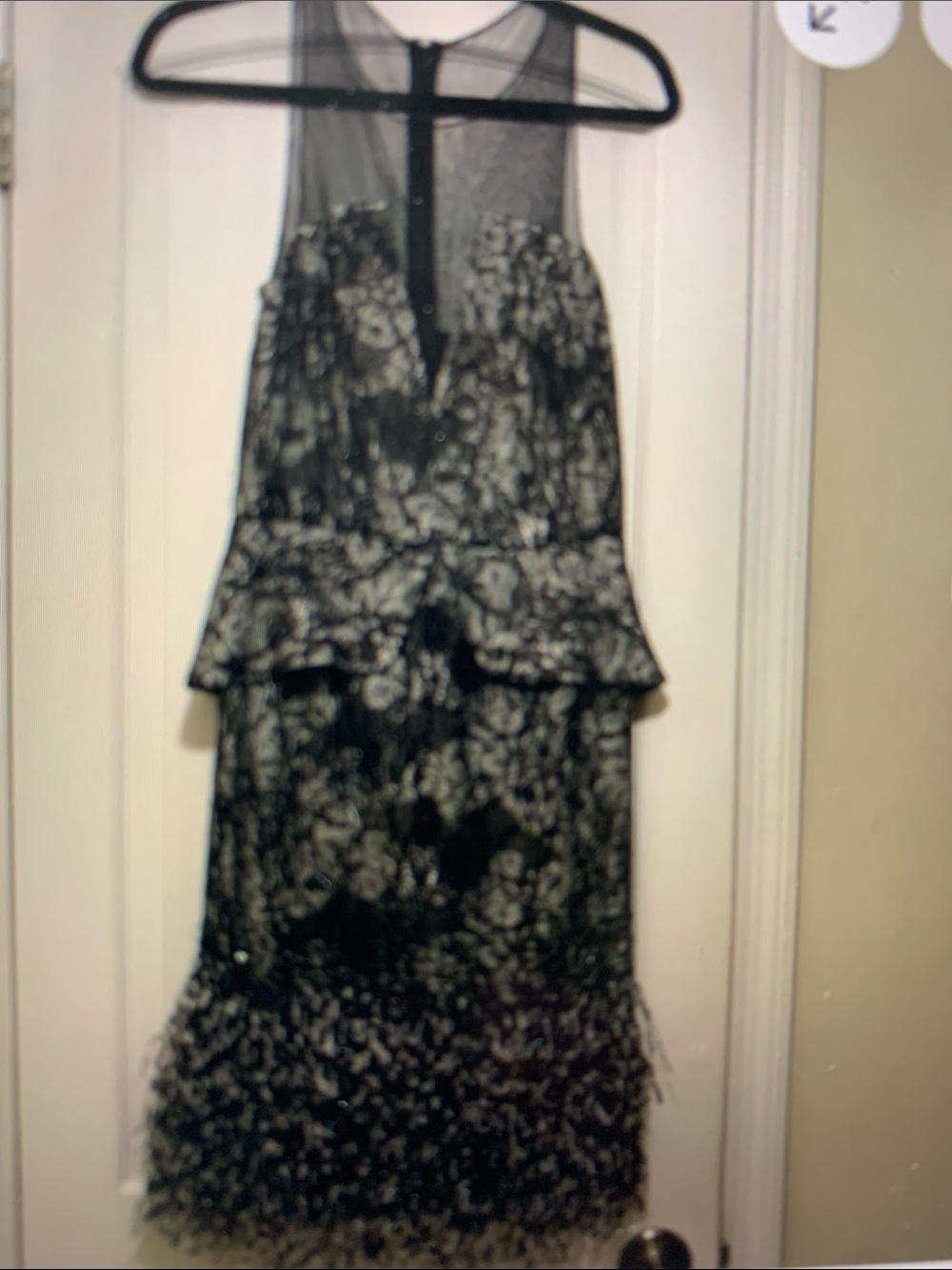NWT Sachin + Babi Noir Lace Peplum Mesh illusion Ostrich feather Dress